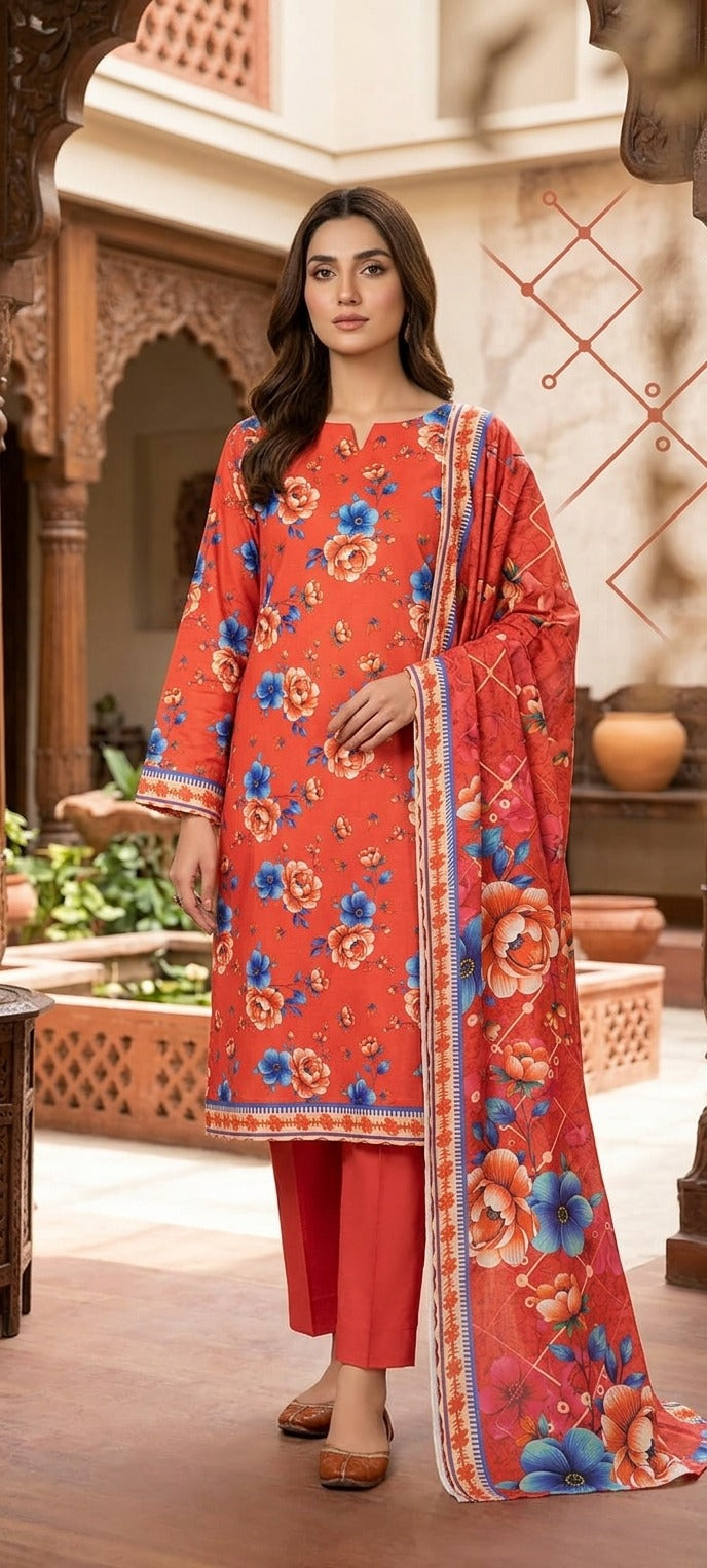Orange Printed Nishat Linen 3 Piece Suit