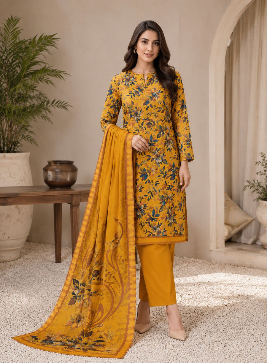Mustard Yellow Printed Nishat Linen 3 Piece Suit