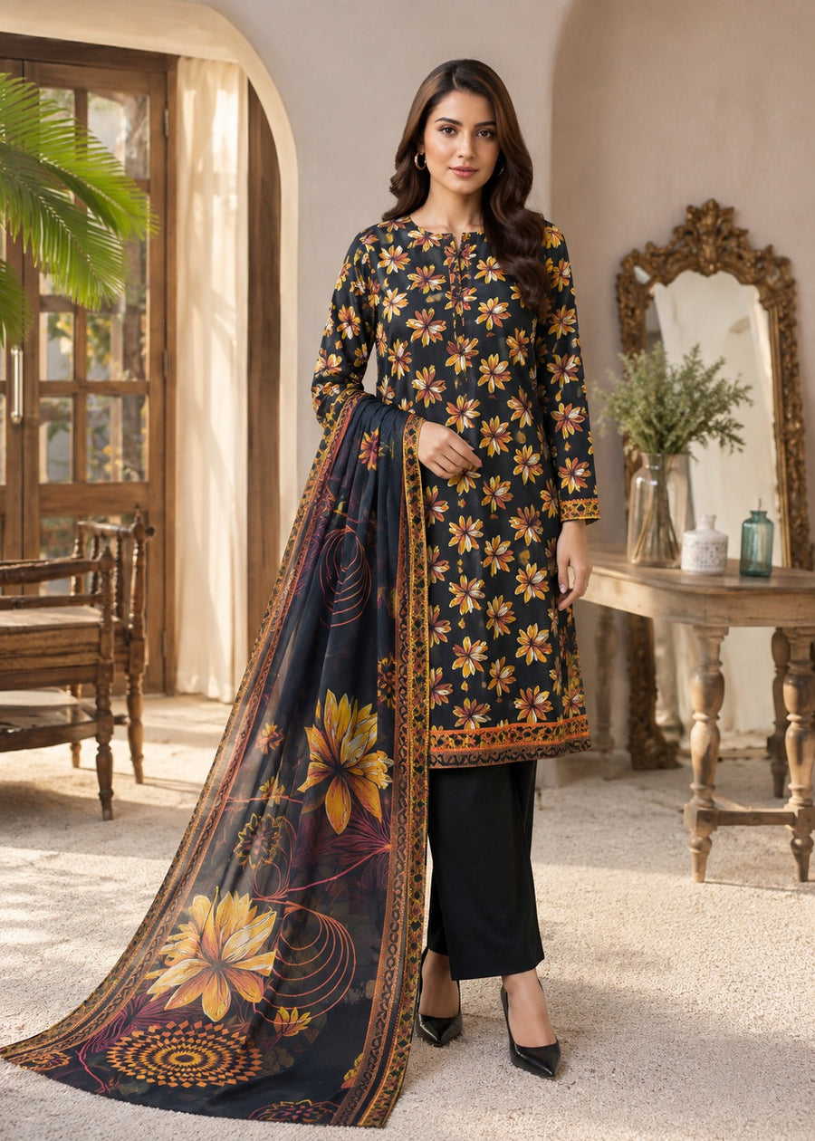 Black Printed Nishat Linen 3 Piece Suit