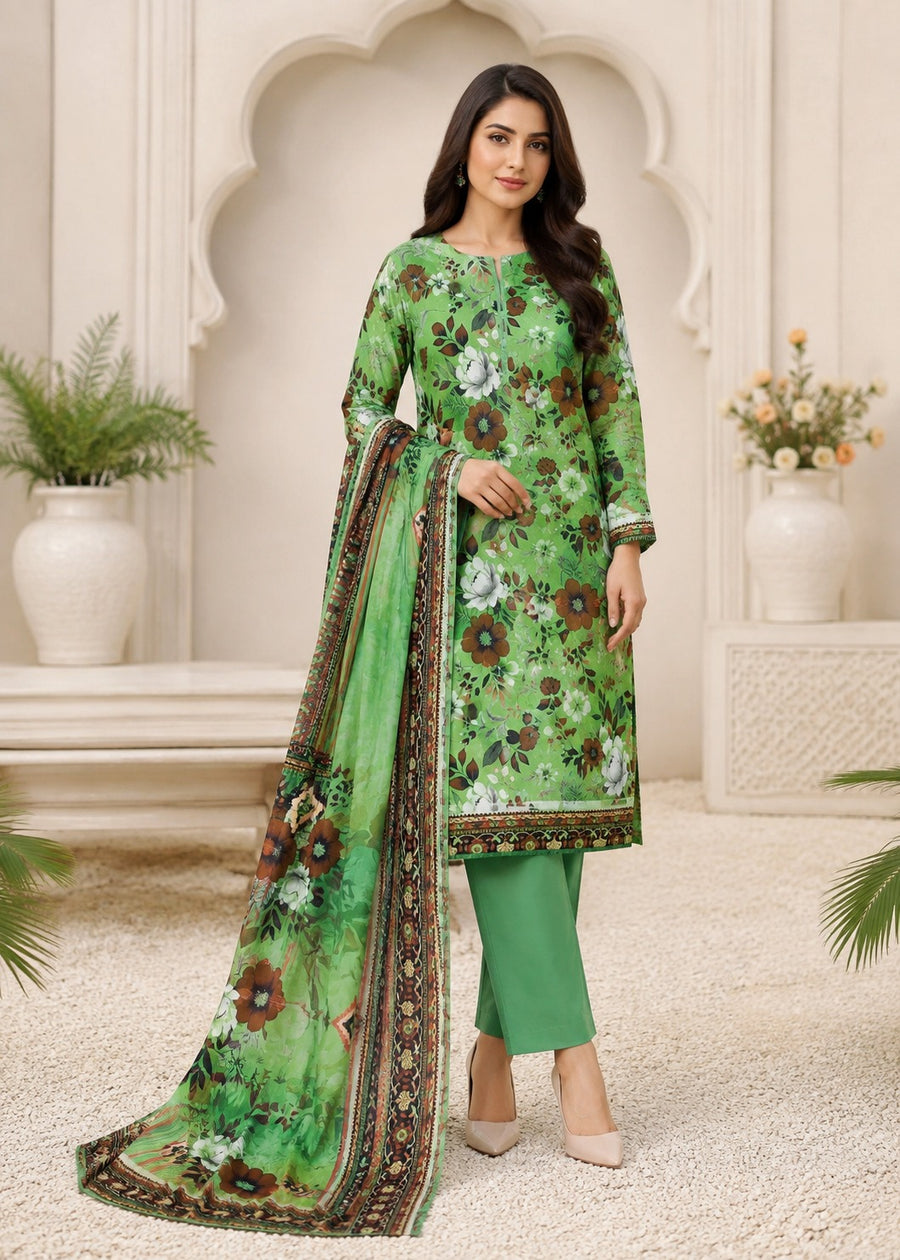 Emerald Green Printed Nishat Linen 3 Piece Suit