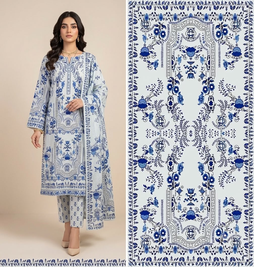 Blue & White Printed Shamooz Silk 3 Piece Suit