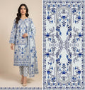 Blue & White Printed Shamooz Silk 3 Piece Suit