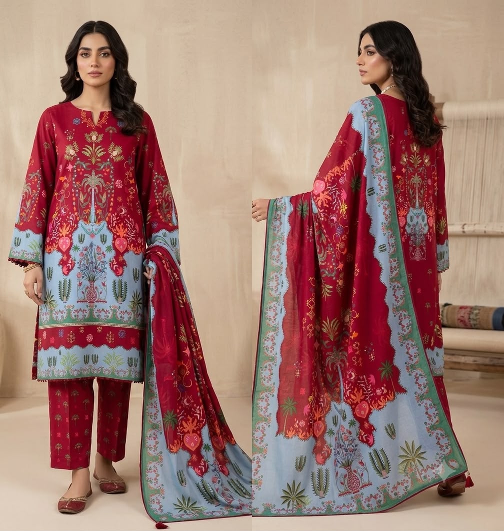 Maroon Printed Shamooz Silk 3 Piece Suit
