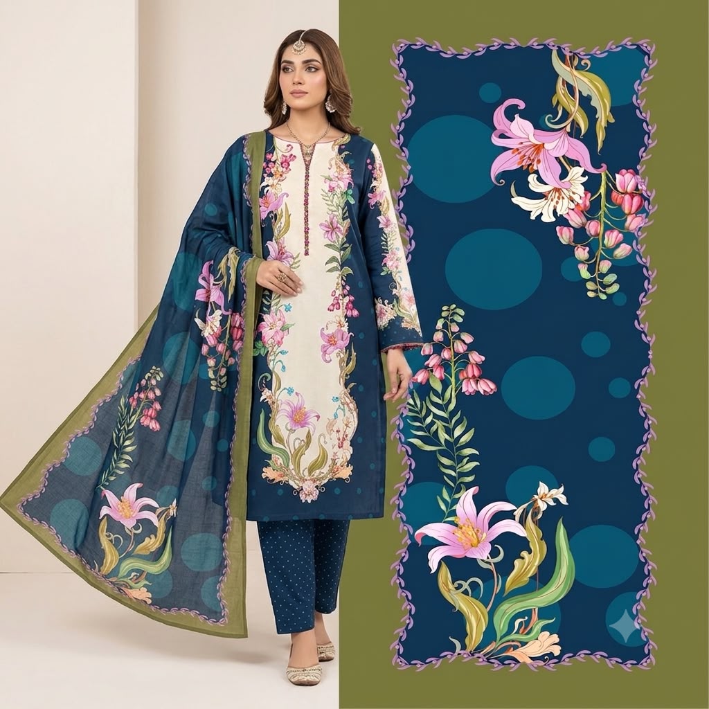 Navy Blue Printed Shamooz Silk 3 Piece Suit