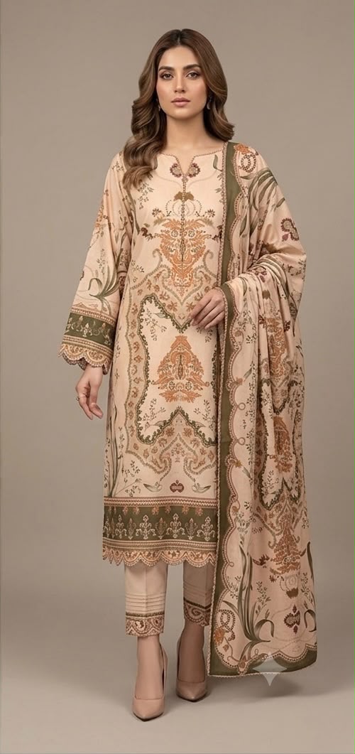 Peach Printed Shamooz Silk 3 Piece Suit