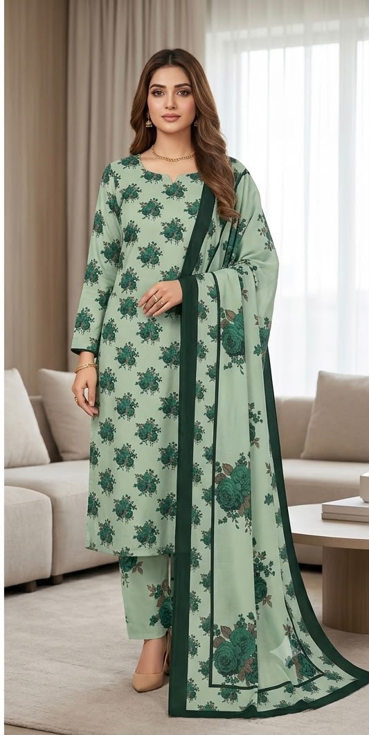 Mint Green Printed Shamooz Silk 3 Piece Suit