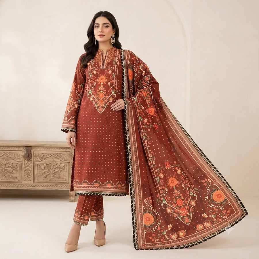 Rust Brown Printed Shamooz Silk 3 Piece Suit
