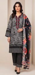 Grey & Black Printed Shamooz Silk 3 Piece Suit