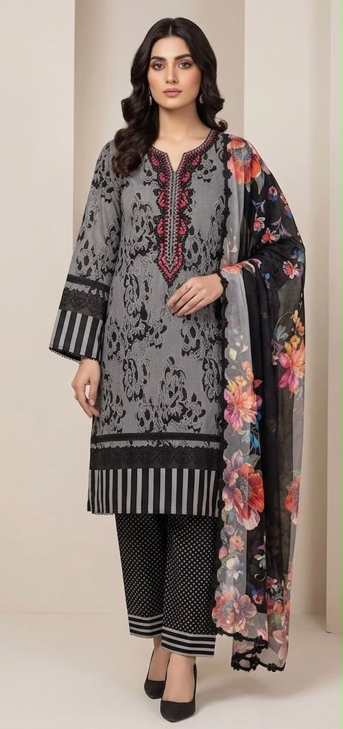 Grey & Black Printed Shamooz Silk 3 Piece Suit