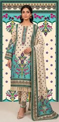 Cream & Turquoise Printed Shamooz Silk 3 Piece Suit