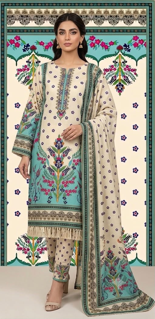 Cream & Turquoise Printed Shamooz Silk 3 Piece Suit