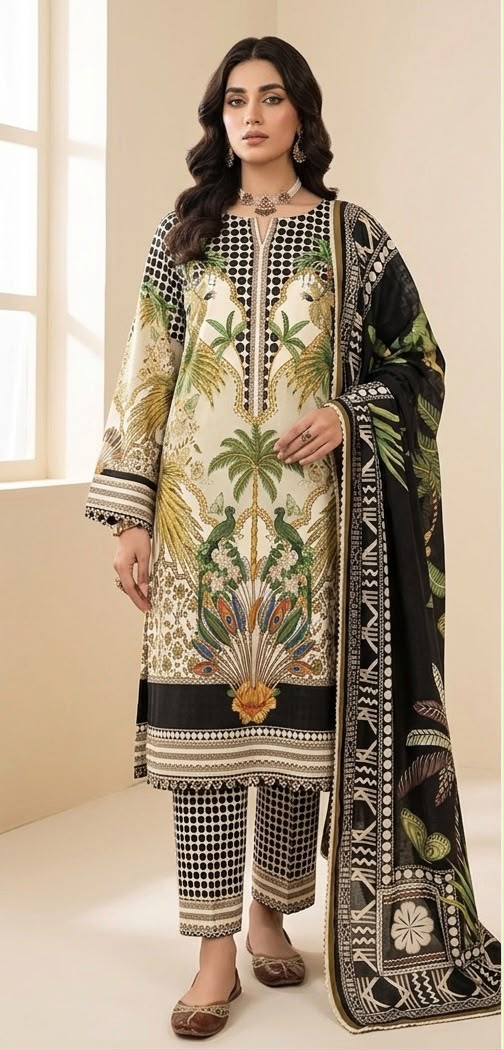 Off-White & Black Tropical Printed Shamooz Silk 3 Piece Suit