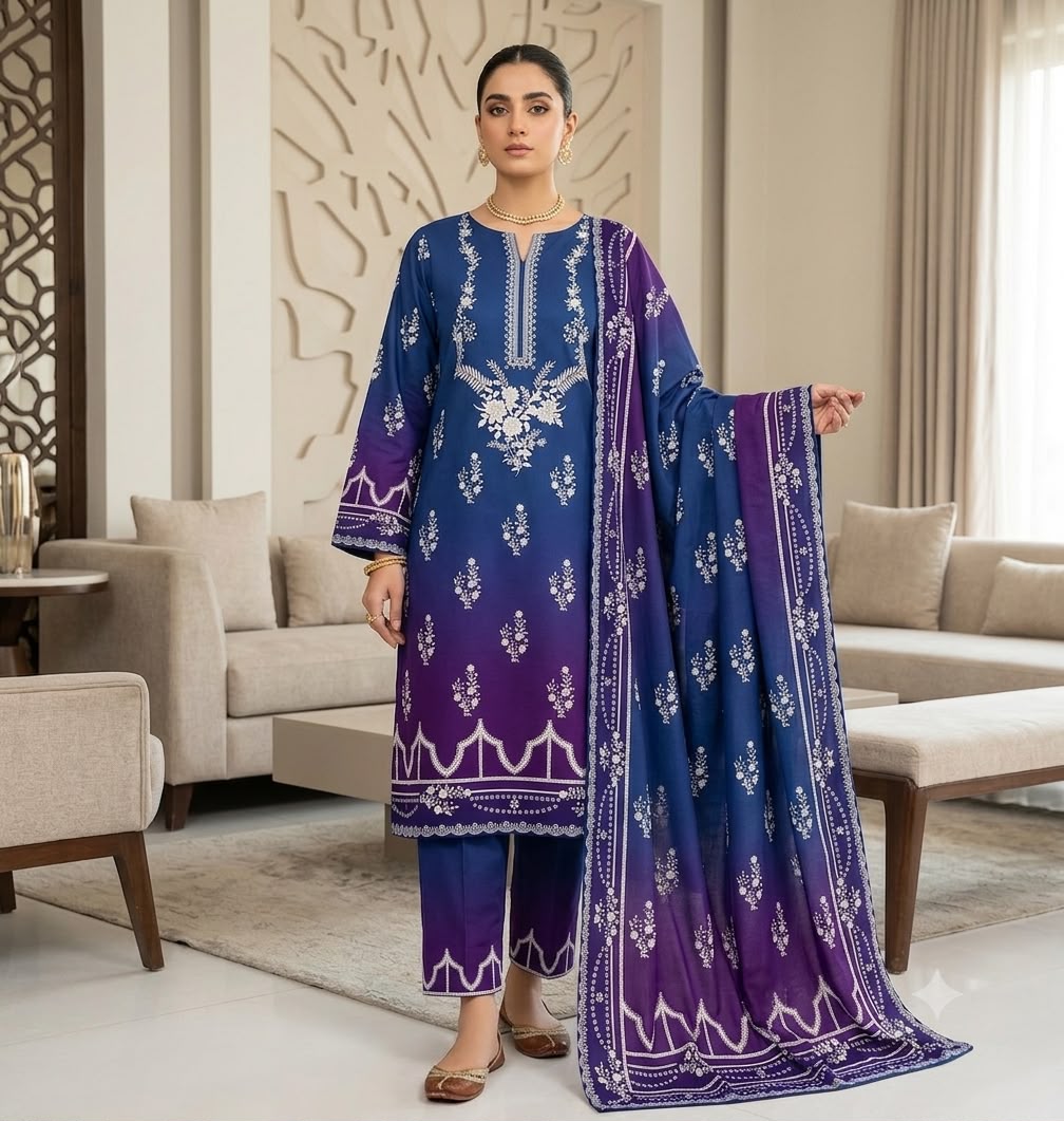 Royal Blue & Purple Ombre Printed Shamooz Silk 3 Piece Suit