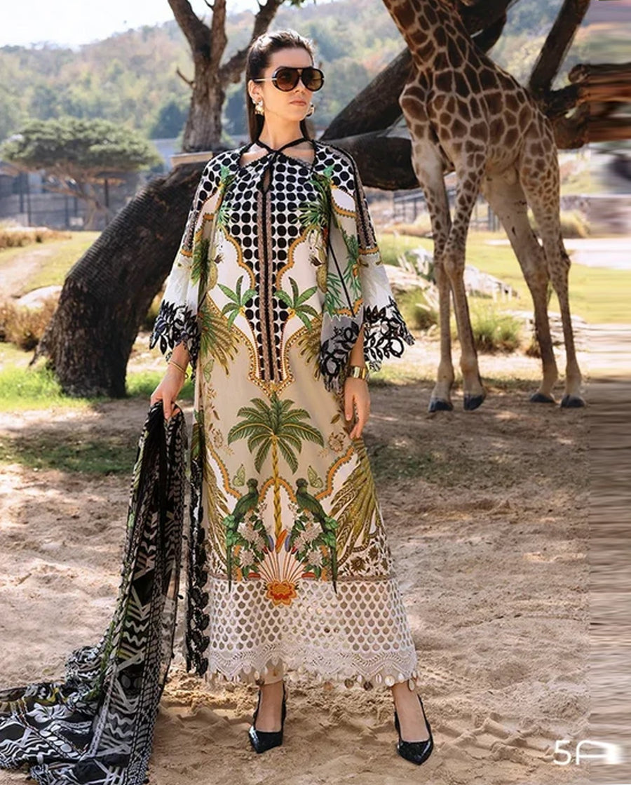 Off-White & Black Tropical Kaftan Style Shamooz Silk 3 Piece Suit