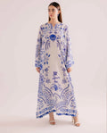 White & Porcelain Blue Printed Shamooz Silk 3 Piece Suit