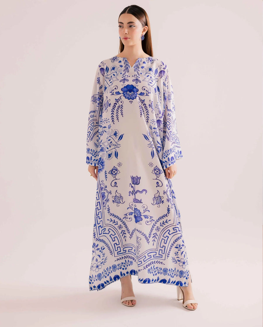 White & Porcelain Blue Printed Shamooz Silk 3 Piece Suit
