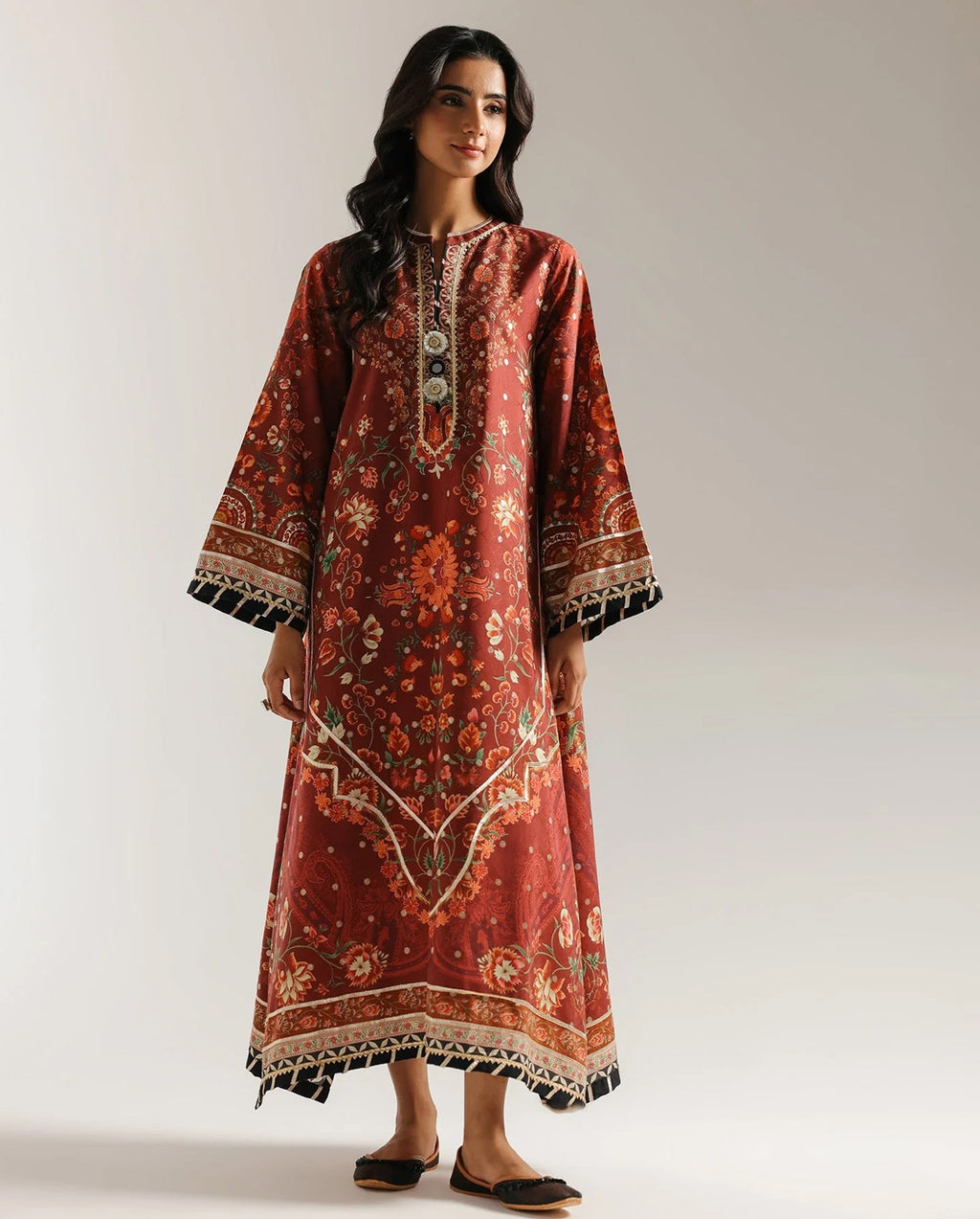 Rust & Maroon Floral Printed Shamooz Silk 3 Piece Suit