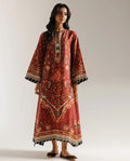 Rust & Maroon Floral Printed Shamooz Silk 3 Piece Suit