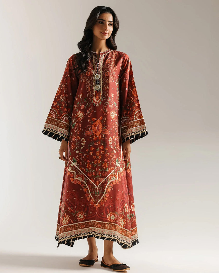 Rust & Maroon Floral Printed Shamooz Silk 3 Piece Suit