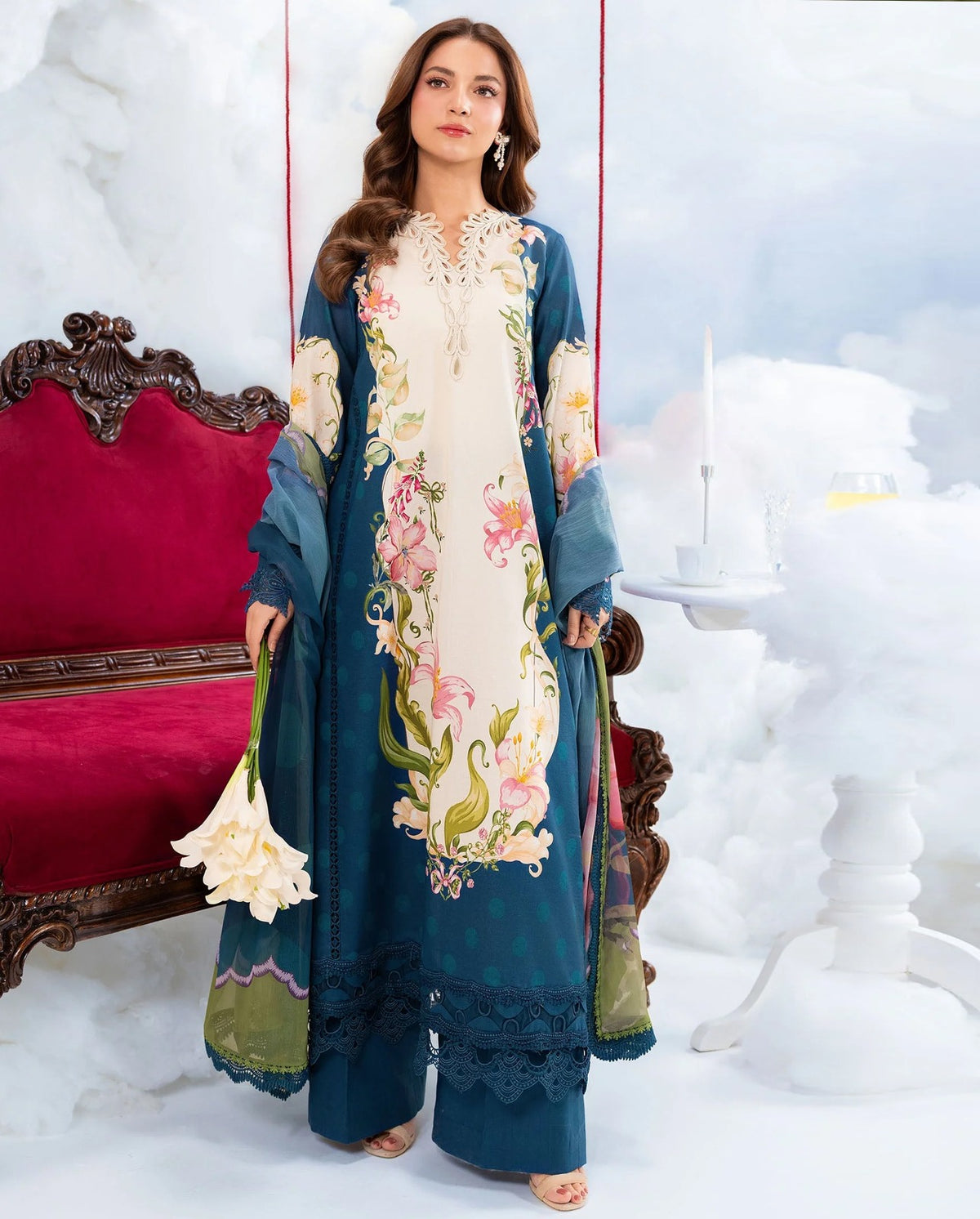 Teal Blue & Off-White Floral Printed Shamooz Silk 3 Piece Suit
