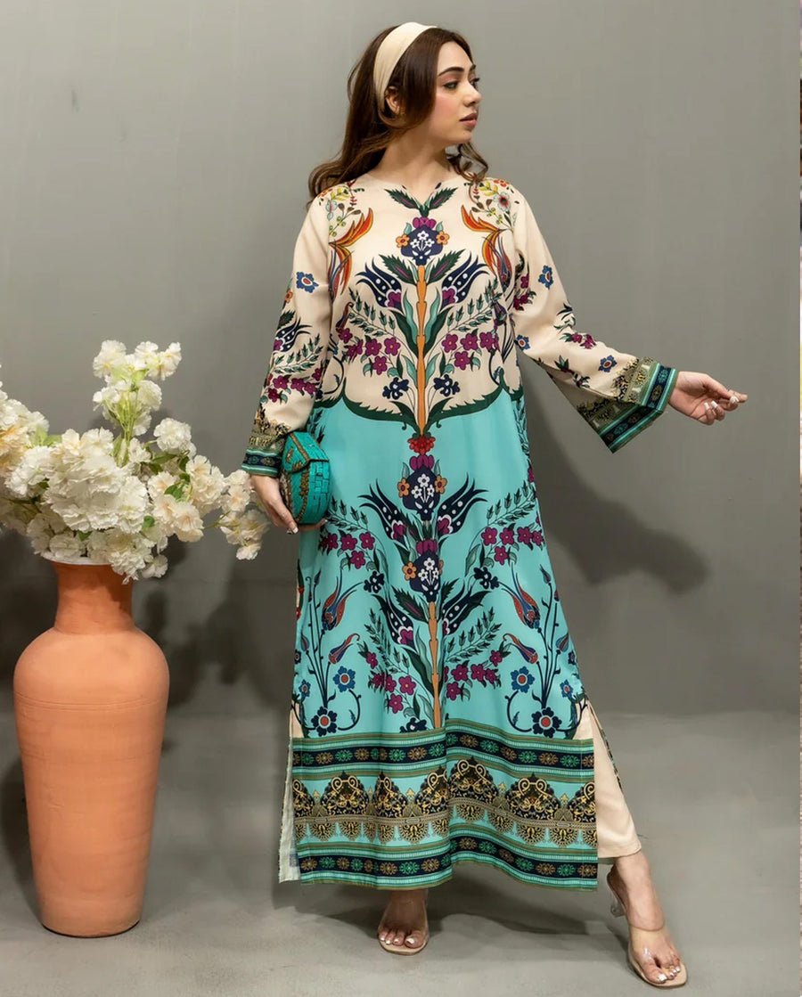 Cream & Aqua Blue Floral Printed Shamooz Silk 3 Piece Suit
