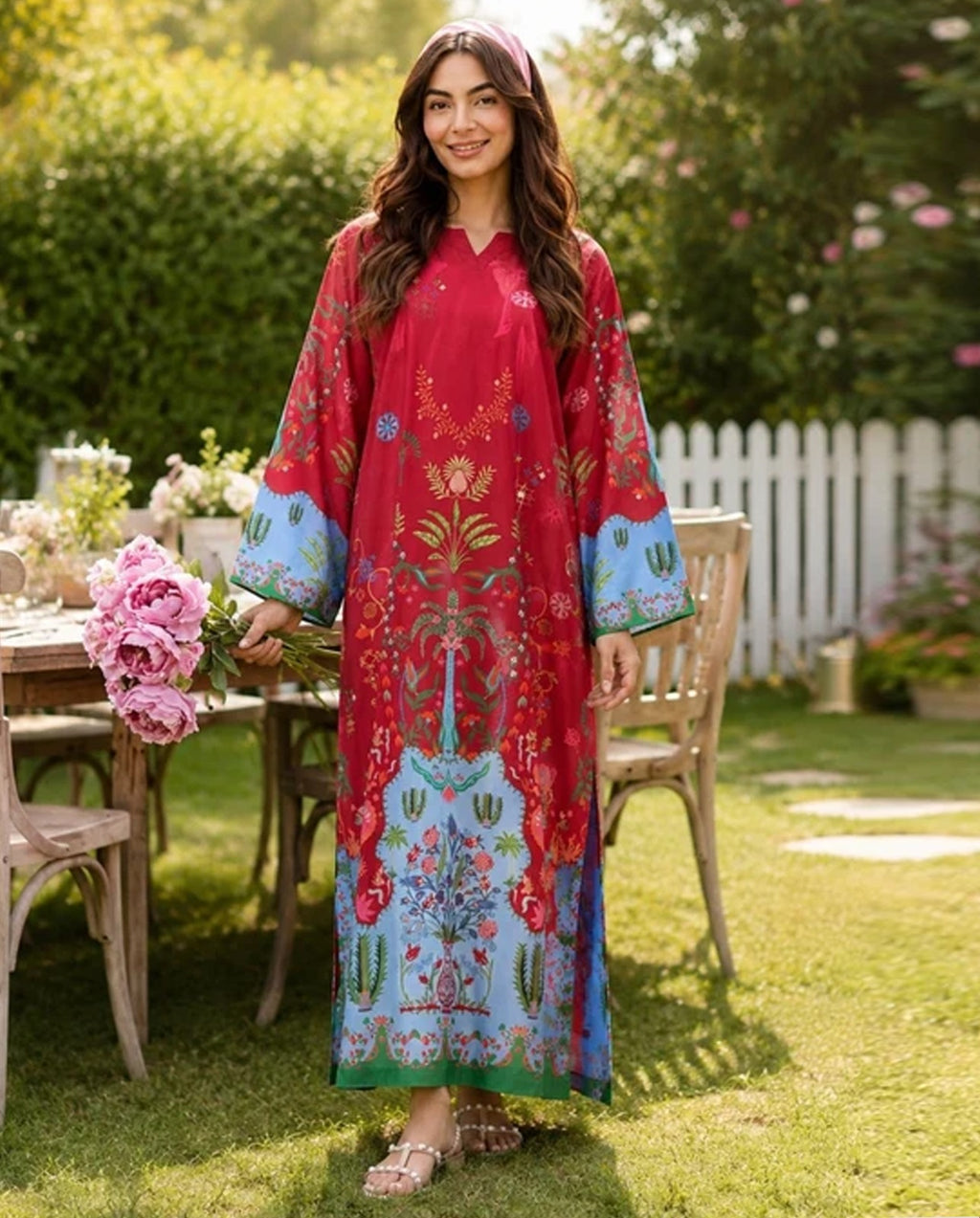 Crimson Red & Sky Blue Printed Shamooz Silk 3 Piece Suit