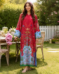 Crimson Red & Sky Blue Printed Shamooz Silk 3 Piece Suit