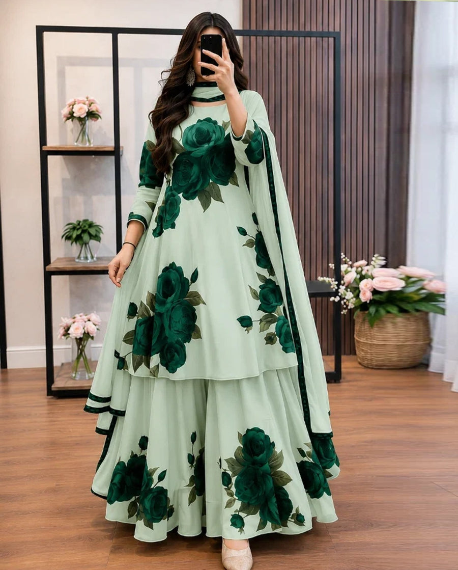 Mint Green & Emerald Floral Printed Georgette/Silk 3 Piece Suit