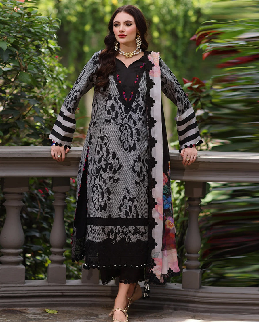 Charcoal Grey & Black Monochromatic Printed Shamooz Silk 3 Piece Suit