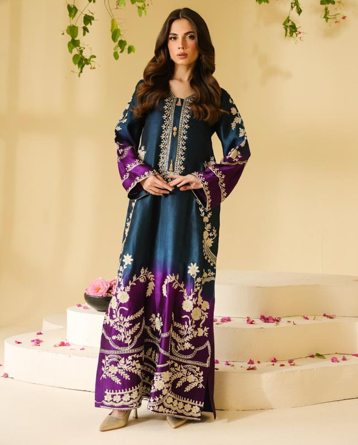 Midnight Blue & Deep Purple Ombre Printed Shamooz Silk 3 Piece Suit