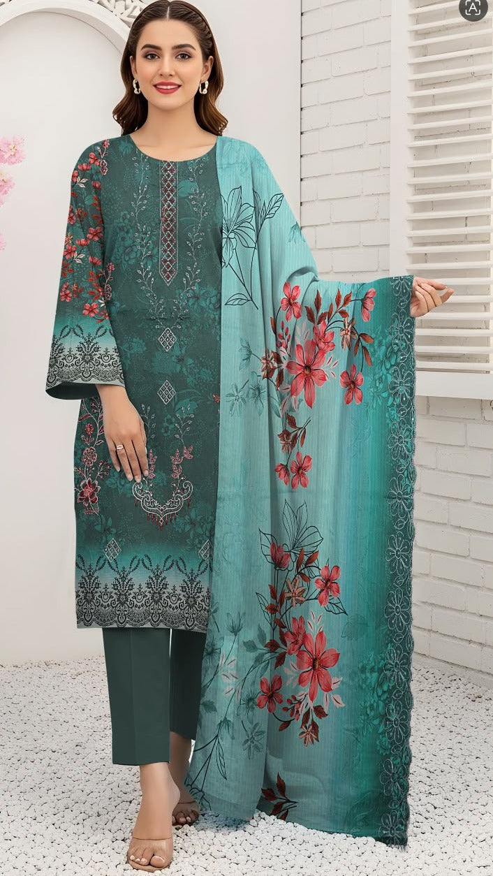 Bana Doria Exclusive Linen – Teal Green & Aqua Embroidered 3 Piece Suit