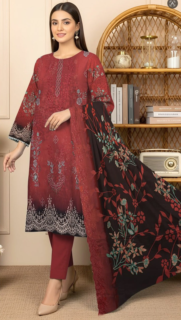 Bana Doria Exclusive Linen – Maroon & Black Embroidered 3 Piece Suit