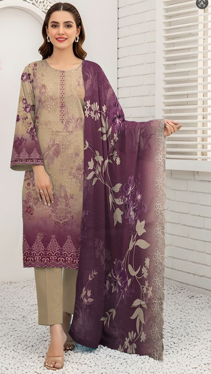 Bana Doria Exclusive Linen – Beige & Plum Purple Embroidered 3 Piece Suit