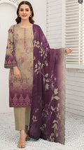 Bana Doria Exclusive Linen – Beige & Plum Purple Embroidered 3 Piece Suit