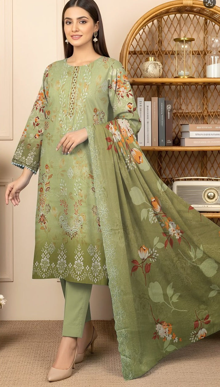 Bana Doria Exclusive Linen – Pistachio & Olive Green Embroidered 3 Piece Suit