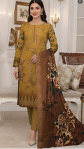 Bana Doria Exclusive Linen – Mustard Gold & Chestnut Brown Embroidered 3 Piece Suit