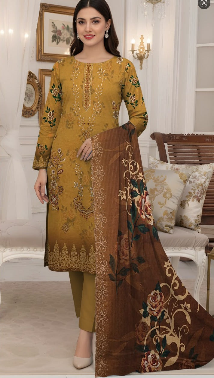 Bana Doria Exclusive Linen – Mustard Gold & Chestnut Brown Embroidered 3 Piece Suit