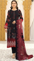Bana Doria Exclusive Linen – Black & Crimson Red Embroidered 3 Piece Suit