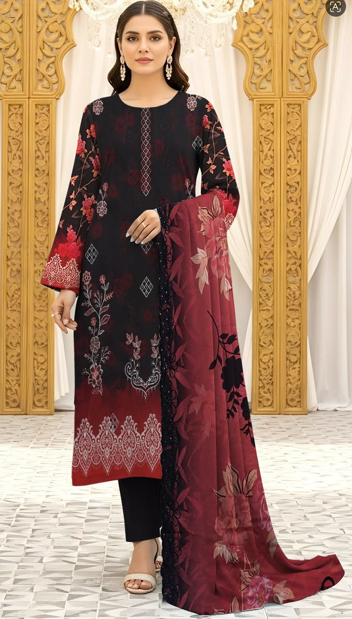 Bana Doria Exclusive Linen – Black & Crimson Red Embroidered 3 Piece Suit