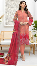 Bana Doria Exclusive Linen – Peach & Magenta Pink Embroidered 3 Piece Suit