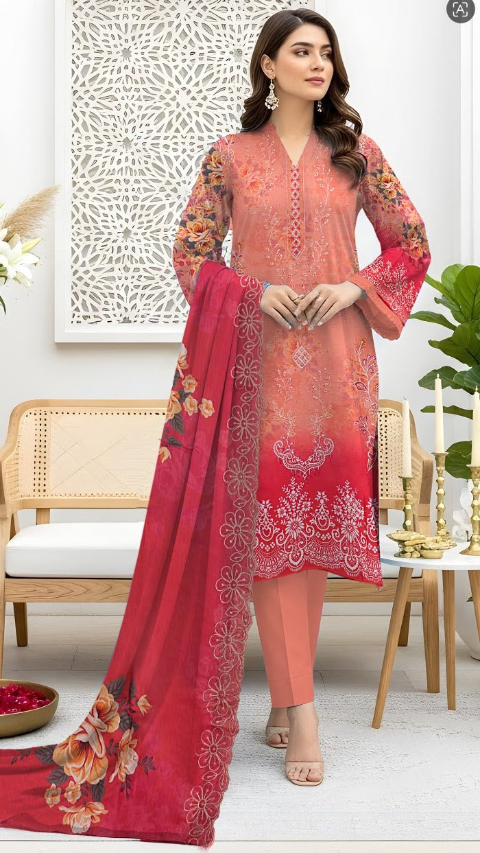 Bana Doria Exclusive Linen – Peach & Magenta Pink Embroidered 3 Piece Suit