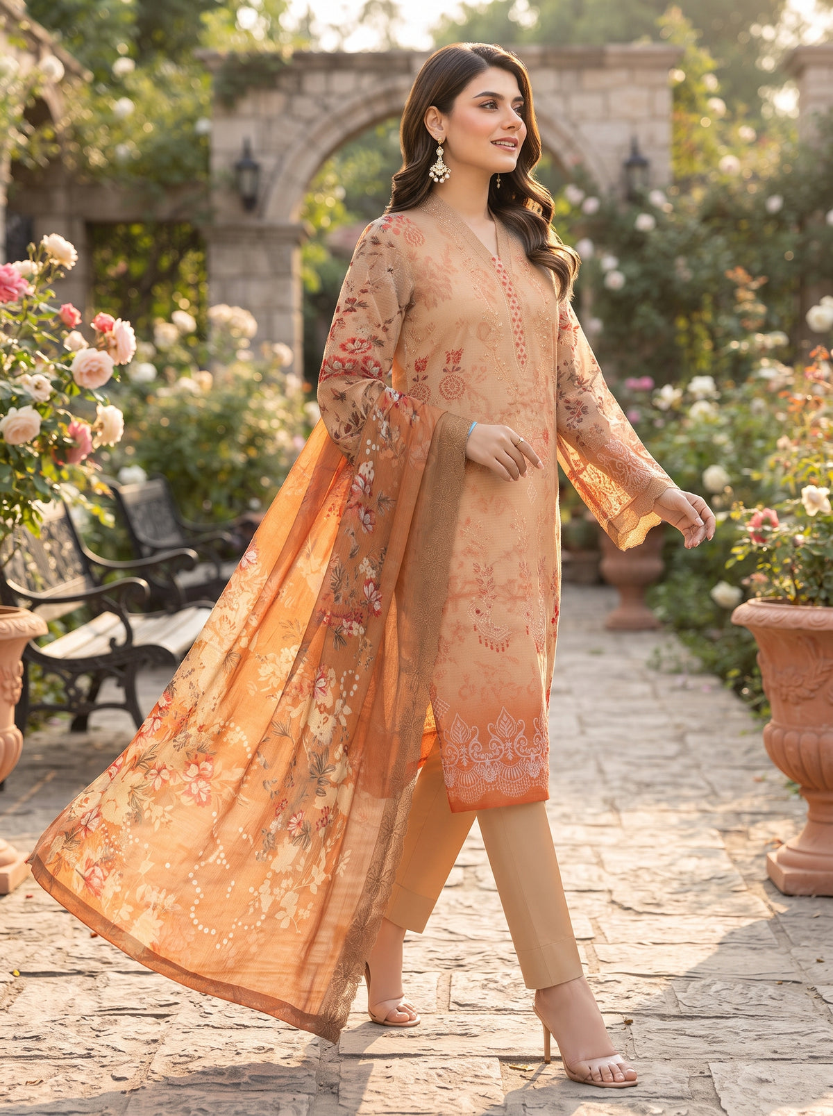 Bana Doria Exclusive Linen – Light Beige & Ochre Orange Embroidered 3 Piece Suit